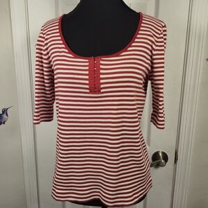 Lauren Ralph Lauren Ribbed Red White Stripe Henley Top L Preppy Nautical Knit